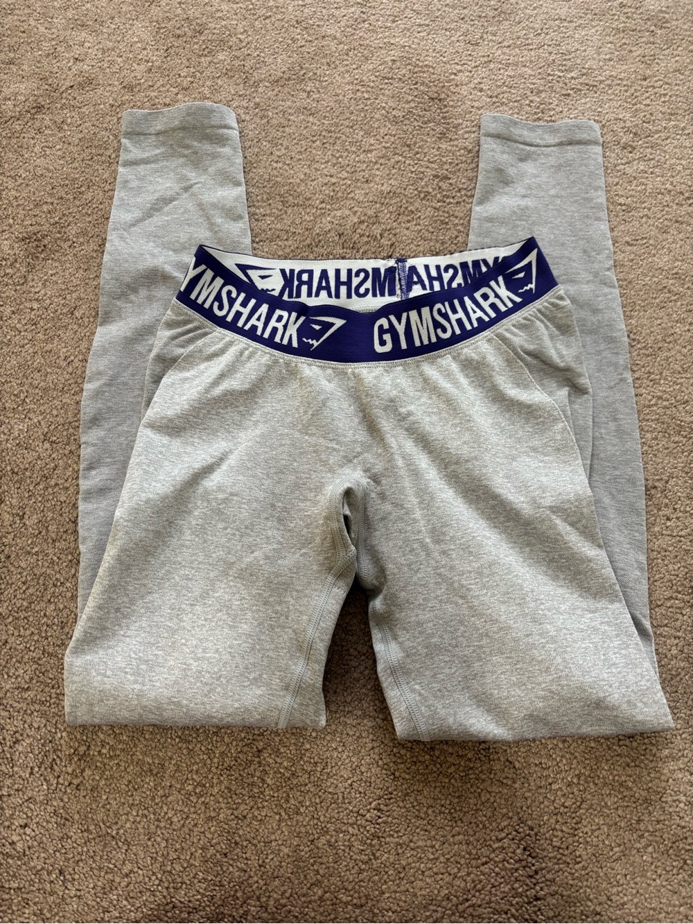 Gymshark Light Gray Leggings with Navy Logo Waistband